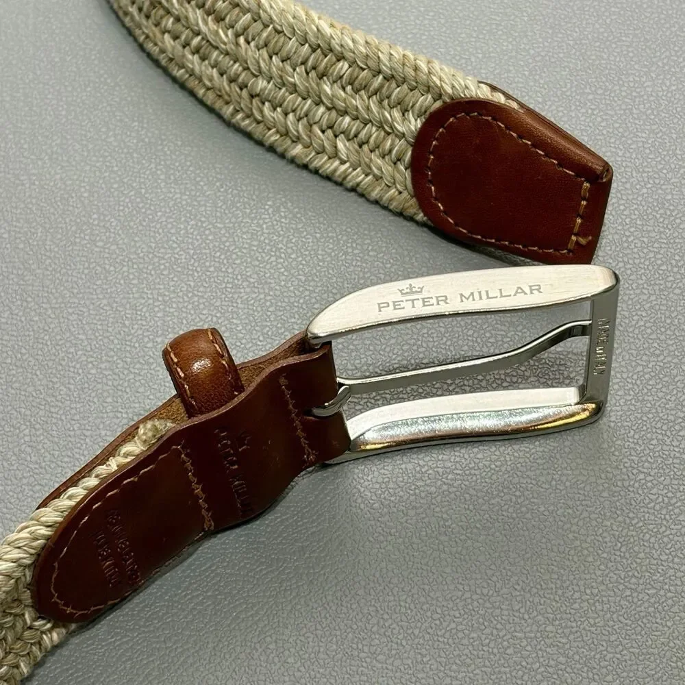 Peter Millar Waxed Braided Belt Men’s 38 Beige / Gray Stretch Golf Casual 1 3/8”